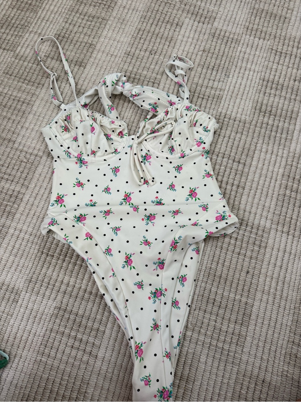 For Love & Lemons White One-Piece with Pink Floral & Black Polka Dots